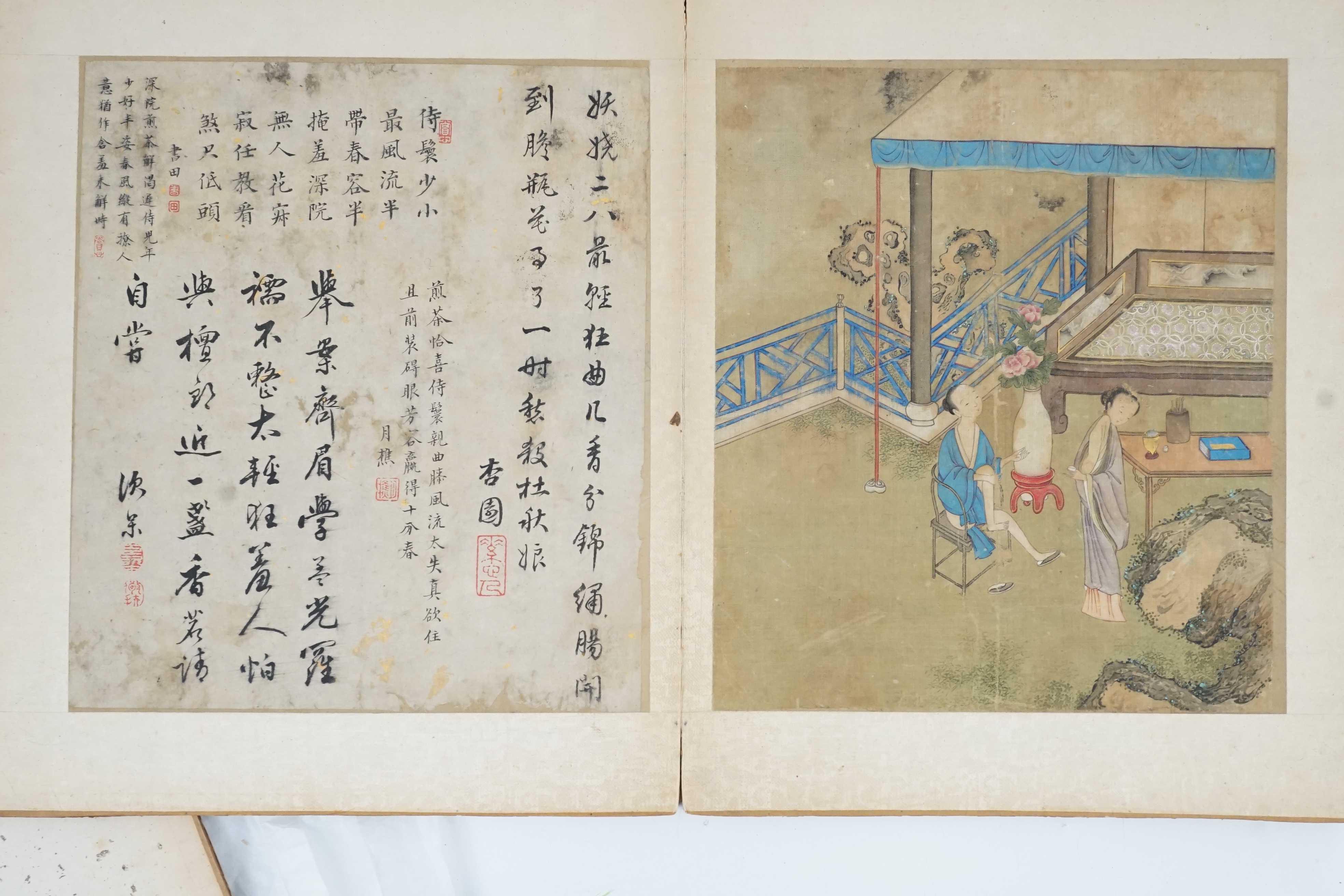 An album of six Chinese paintings on silk of lovers, late Ming dynasty, with six adjacent pages of calligraphy on paper, pages separated, some losses to images and calligraphy